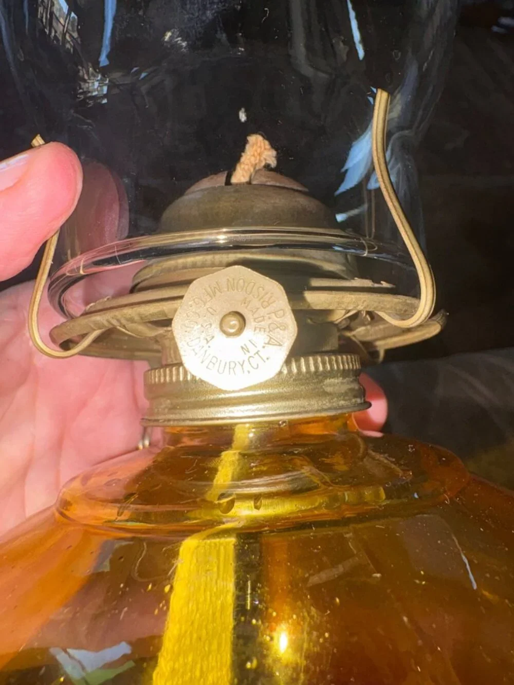 Eagle Risdon Amberina Glass Vintage Oil Lamp w/ Clear Chimney Yellow Red Ombre